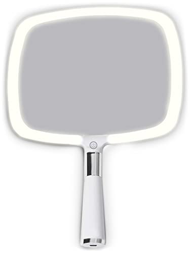 MIRRORVANA® Lighted Travel Hand Mirror with Comfy Handle and Detachable Stand - Portable, Thin and Lightweight Design - Rechargeable with 3 LED Light Settings - 9" x 13" (White)