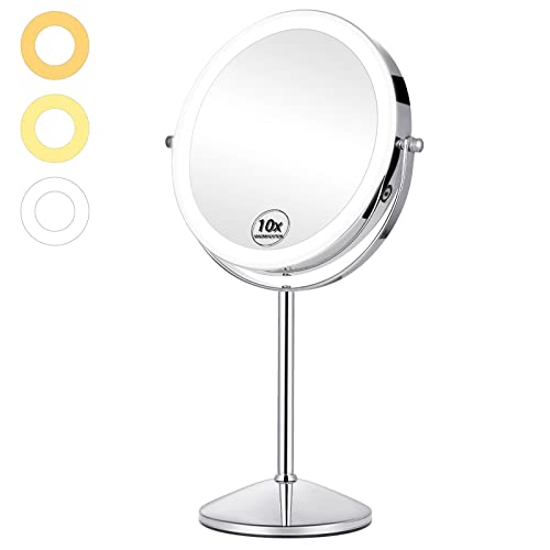 KEDSUM Rechargeable 1X/10X Lighted Makeup Mirror, 8" Double Sided Makeup Mirror for Desk 3 Color Dimmable Lighting, Magnifying Makeup Mirror with Light, Touch Screen Cordless Cosmetic Vanity Mirror
