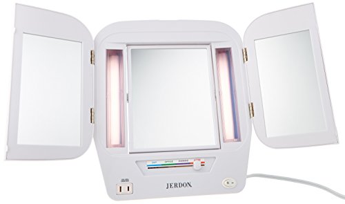 JERDON Modern Tri-Fold Makeup Mirror with Lights - Vanity Mirror with 5X Magnification & Multiple Light Settings - White Base - Model JGL10W
