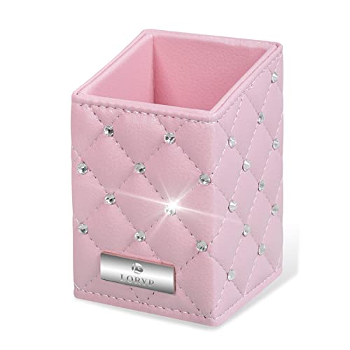 LORYP Makeup Brush Holder Crystal Brushes Cup Pink PU Make up Brush Case Bag Storage for Women