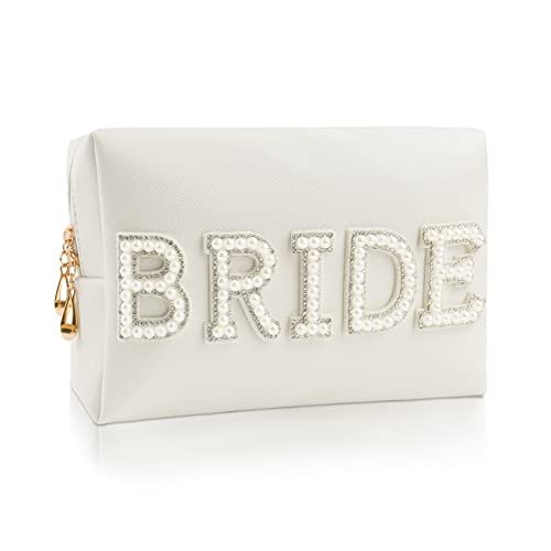Kovewon Bride Patch Letter Makeup Bag for Women Bridesmaid Engagement Gift for Her White Pearl Rhinestone Travel Toiletry Bag Make Up Bag Pouch for Purse Bridal Shower Gifts for Engagement Wedding