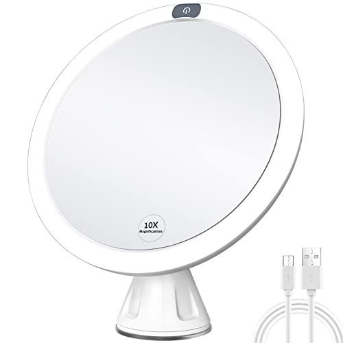KEDSUM Upgraded 9" Rechargeable 10x Magnifying Makeup Mirror with Lights, Dimmable Lighted Vanity Mirror with Magnification and A Large Suction Cup, Touch Button, 360 Degree Rotation
