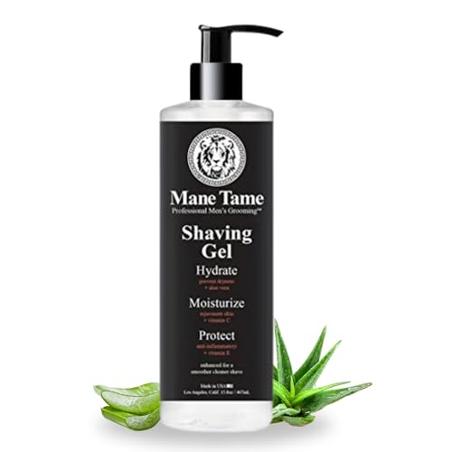 MANE TAME Shaving Gel 15.8oz - Clear, Natural Formula with Aloe Vera, Vitamin E, Vitamin C! Excellent for Precision Edge-ups and Line-ups. Made in USA! Fresh scent, leaves skin feeling soft and firm!