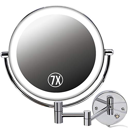 Jolitac 8.5 Inch LED Makeup Mirror Wall Mount, 7X/1X Magnification Chrome Personal Make Up Mirror Round Shaped, Double-Sided Swivel Vanity Mirror Touch Button Adjustable Light for Bathroom