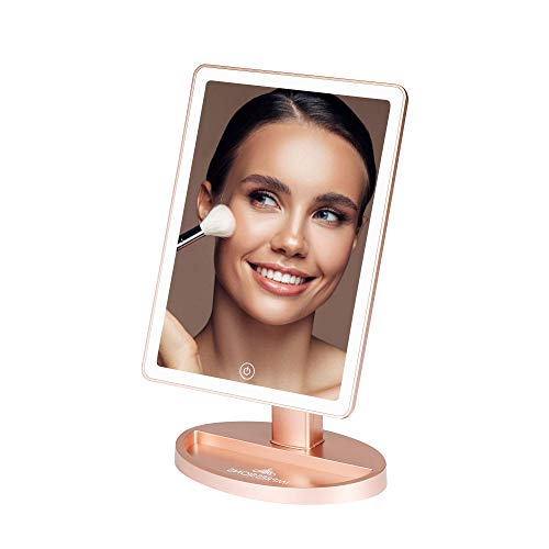 Impressions Vanity Touch Ultra Dimmable Modern LED Makeup Mirror, Tabletop Lighted Cosmetic Mirrors with 360 Degree Swivel, Touch Sensor, and Catchall Storage (Rose Gold)