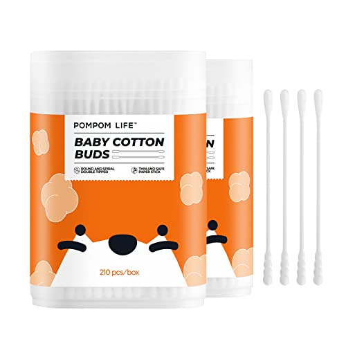 POMPOM LIFE Baby Cotton Swabs, 420 Count, Double Tipped Cotton Buds with Paper Stick, Round and Spiral, Good for Baby Ear and Nose Clean, 2 Packs (210 Swab Pack)