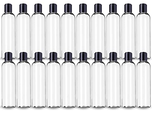 ljdeals 8 oz Clear Plastic Empty Bottles with Black Disc Top Caps, Refillable Containers for Shampoo, Lotions, Cream and More Pack of 20, BPA Free, Made in USA