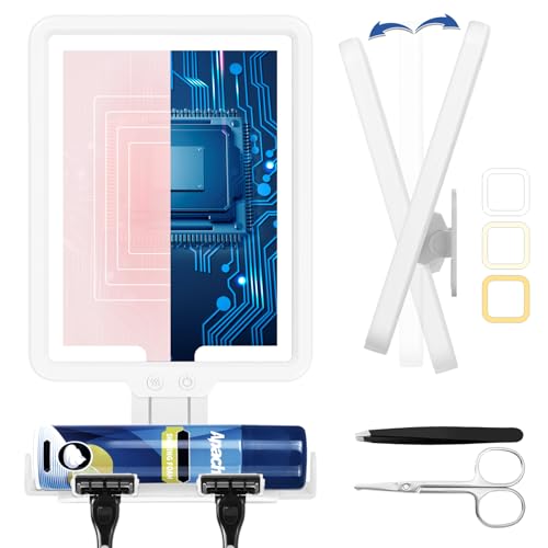 Heated Shower Mirror Fogless for Shaving, Lighted Shower Mirror 3 Color Dimming Shower Shaving Mirror, 9.5*8inch Anti-Fog Shower Mirror with Lights, Wall-Mounted Large Shaving Mirror with Razor Holder
