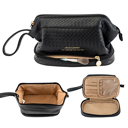 Abiudeng Makeup Bag,Large Capacity Cosmetic Bags for Women,Waterproof Porta ble Pouch Open Flat Toiletry Bag Make up Organizer Doubler Layer Makeup Bag with Handle(Black)