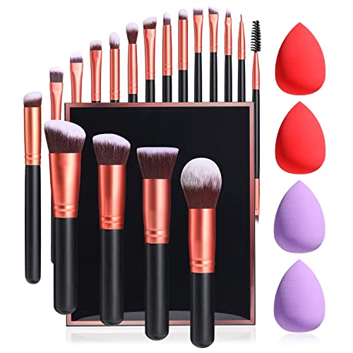 JPNK Rose Gold Makeup Brush Set,Blender Sponge Premium Synthetic Foundation Powder Blush Concealer Eye Shadow Makeup Brush Kit (Type B)