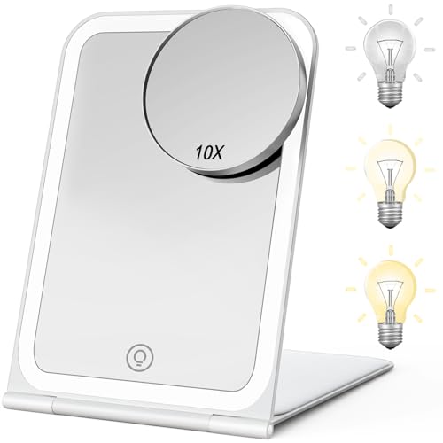 KerMiCi Lighted Travel Makeup Mirror, Portable Travel Mirror 10X Magnification with 72 LED Lights & Stepless Dimming 3 Color Rechargeable Cosmetic Mirror Travel Essentials