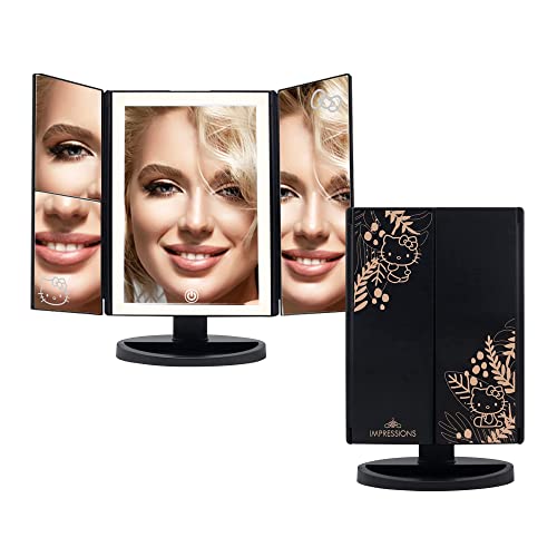 Impressions Vanity Hello Kitty Mirror with Lights, Trifold LED Tri-Tone Makeup Mirror with Touch Sensor and Three Adjustable Mirror Panels, Makeup Vanity Handheld Magnifying Mirror (Black)