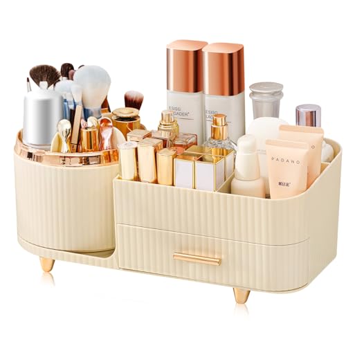 Makeup Organizer- 360° Rotating Makeup Organizer for Vanity with Drawers, Large Capacity Cosmetic Display Cases, Cosmetic Organizer for Skincare, Brushes, Eyeshadow, Lipstick (Cream White)