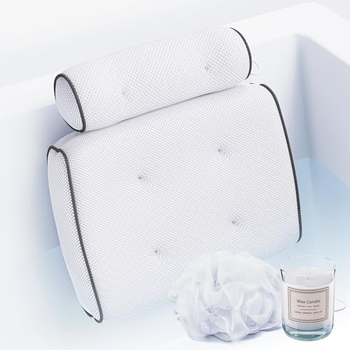 Luxury Bath Pillows for Tub - Relaxing Bath Tub Accessory – Bath Tub Pillow for Head and Back, Laundry Bag, and Suction Tool – Our Grey on White Comes with an Unscented Candle