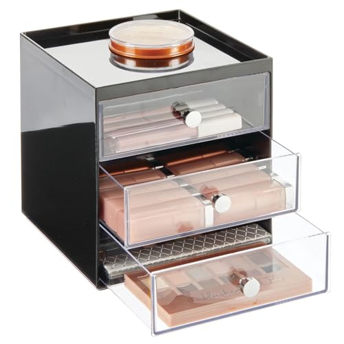 mDesign Plastic 3-Drawer Organizer for Makeup Storage - 3-Tier Storage Organizer - Stackable Organization with Pull-Out Drawers for Bathroom, Vanity, or Desk - Lumiere Collection, Black/Clear