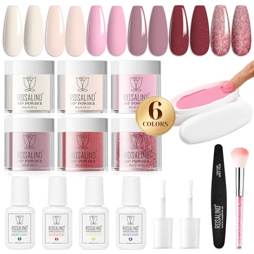 ROSALIND 13PCS Dip Nails Powder Starter Kit, 6 Colors Dip Powder Nail Kit White Pink Glitter Series Nail Dip Powder Colors Set with Base & Top Coat, Brush Restorer and Activator All-in-One Kit