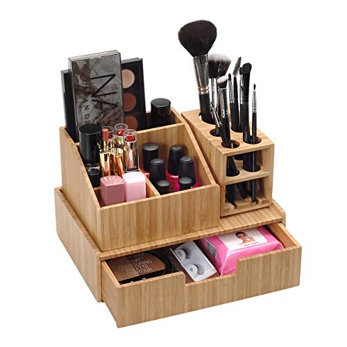 MobileVision Bamboo Makeup Organizer Complete Combo, 3 PC set INCLUDES: 5 Section Brush Holder, 4 Compartment Cosmetic Caddy & Drawer for added extra storage space