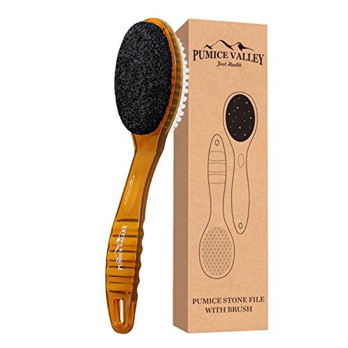 Pumice Stone for Feet & Foot Brush with Handle 2-in-1 Pedicure Scrubber for Shower - Double-Sided Pumice Foot File with Brush for Callus, Cracked Heels, Dead, and Dry Skin Removal