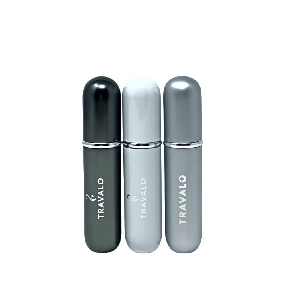 Travalo Classic HD Perfume Atomizer 3 Bundle Refillable System Travel TSA Approved | Reusable Easy-Fill Mini Pump Sprayer | Lightweight Elegant w/Volume Window | White, Titanium, Silver 3 Pack 0.17oz