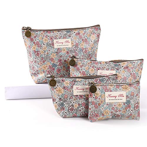 Makeup Bag Set 4PCS Waterproof Travel Toiletry Cosmetic Bags Sets Zipper Storage, Leopard Print Cosmetic Bag Cute Cosmetics Pouchs For Travel Ladies Pouch (Beige Flowers)