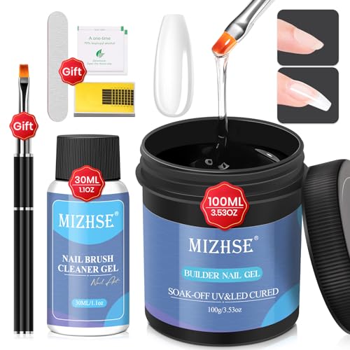 MIZHSE 100ML Nail Builder Gel Kit, Larger Capacity Builder Gel for Nails, LED Nail Lamp Clear Hard Gel Builder Base Nail Strengthener Extension Gel with Nail Brush Clean Gel, for Nail Salon & Home DIY