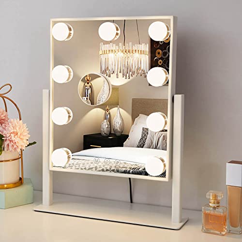 Hompoem Vanity Mirror with Lights,9 Led Bulbs Hollywood Detachable 10x Magnification Mirror Lighted Vanity Mirror,Touch Control Design 3 Colors Dimable (White)