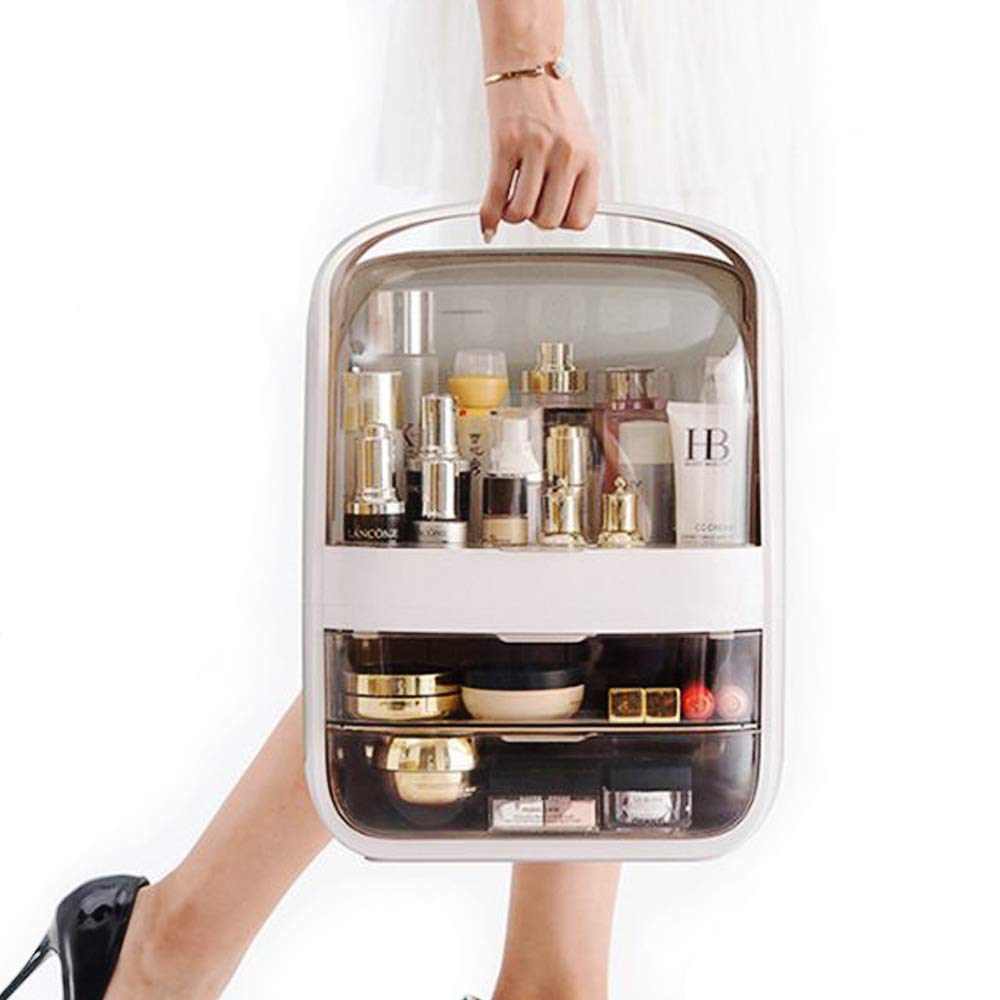 Multifunctional Makeup Organizer,Waterproof and Dustproof Cosmetic Organizer Box Portable Handle Fully Open Makeup Display Boxes for Bathroom, Dresser, Countertop