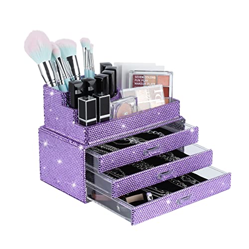KEYPOWER Makeup Organizers Drawer Bling Diamond,Countertop Jewelry Cosmetic Storage Display Boxes, Makeup Brush Holder,2 Pieces Set (Purely Handmade) (Light Purple)