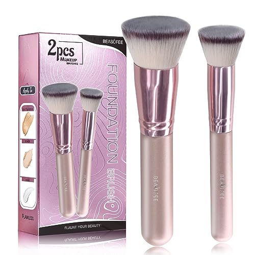 Makeup Brushes Flat Top Kabuki Foundation Brushes 2 Pcs, Synthetic Bristles Professional Blush Makeup Brushes Liquid Blend Mineral Powder, Polish, Stipple Makeup Tool (Rose Gold)