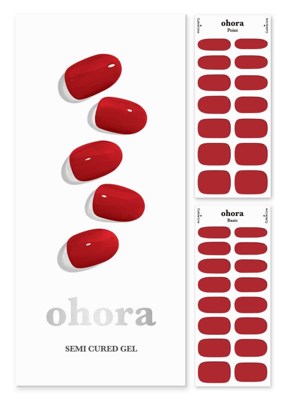 ohora Semi Cured Gel Nail Strips (N Addict) - Works with Any Nail Lamps, Salon-Quality, Long Lasting, Easy to Apply & Remove - Includes 2 Prep Pads, Nail File & Wooden Stick - Red