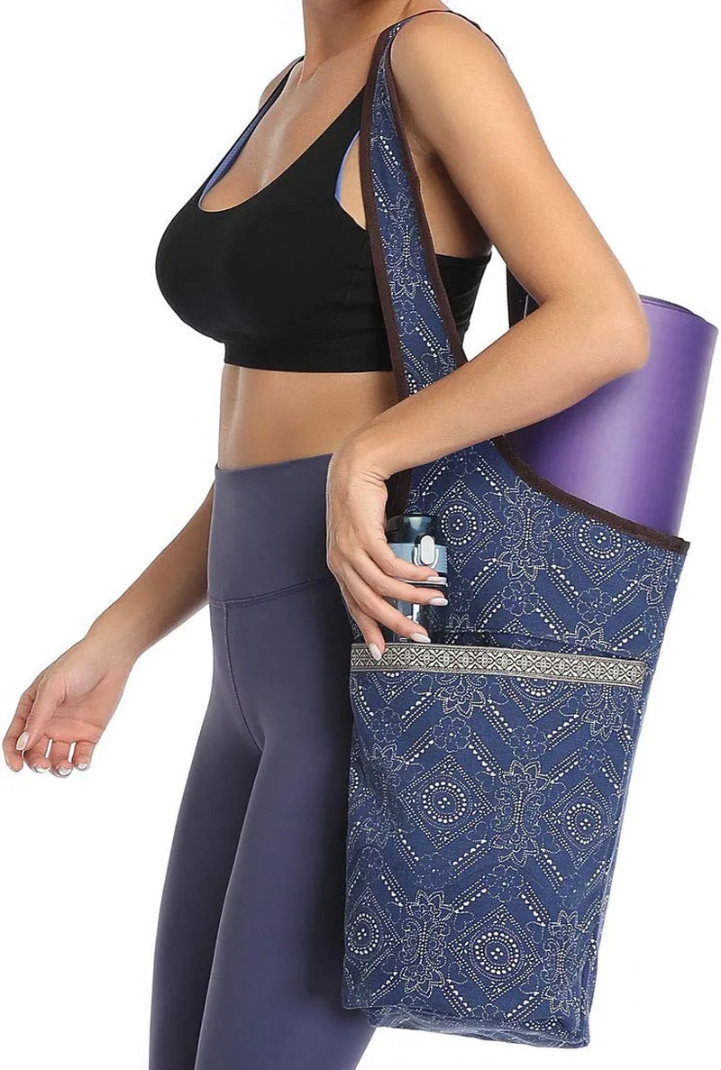 Soogus Yoga Mat Bag, Yoga Carrying Bag for Mat and Blocks Patterned Canvas Large Sling Yoga Tote Bag Pilates Bag with Zipper Pocket, Fits Most Size Mats