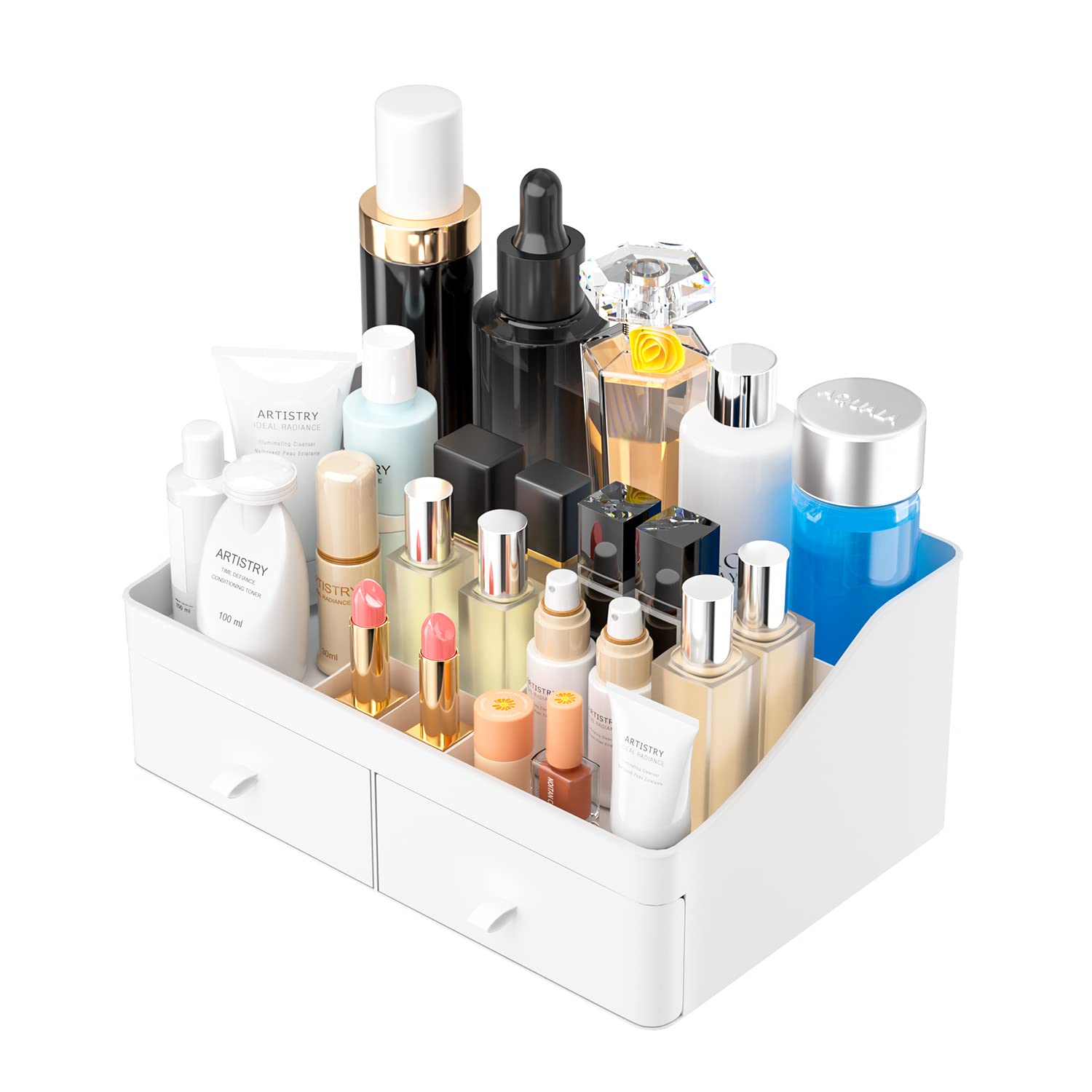 Makeup Organizer, Cosmetic Desk Storage Box with Drawers Skincare Organizers for Dressing Table, Countertop, Bathroom Counter, Vanity Holder for Brushes, Lotions, Lipstick and Nail Polish (White)