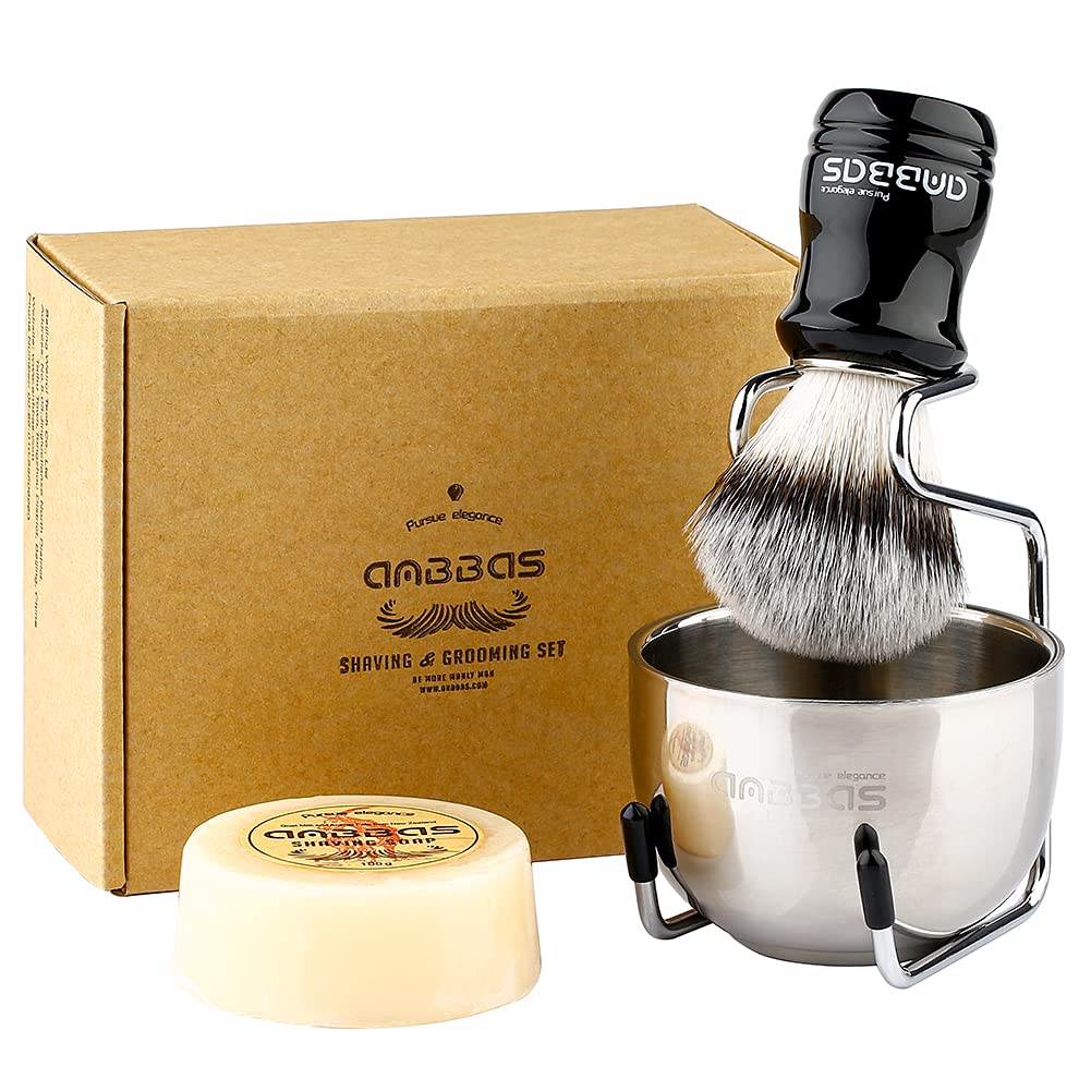 Anbbas 4in1 Vegan Style Synthetic Badger Hair Shaving Brush, Stainless Steel Shaving Stand Milk Shaving Soap and Bowl Set for Men Close Shave Kit