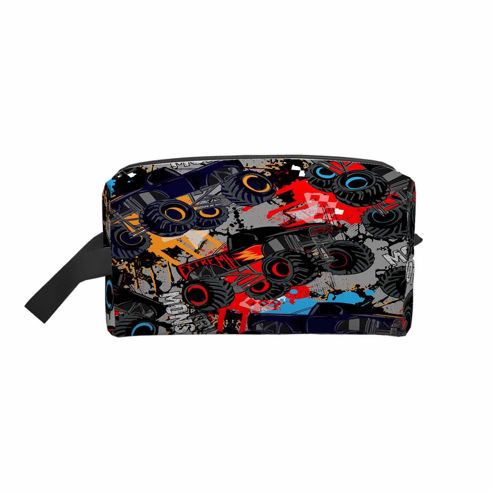 Mxocom Hand Drawn Monster Truck Small Makeup Bag for Purse Shabby Dots and Spray Boys Style Wheel Auto Travel Cosmetic Bag Makeup Pouch Portable Versatile Zipper Pouch for Women