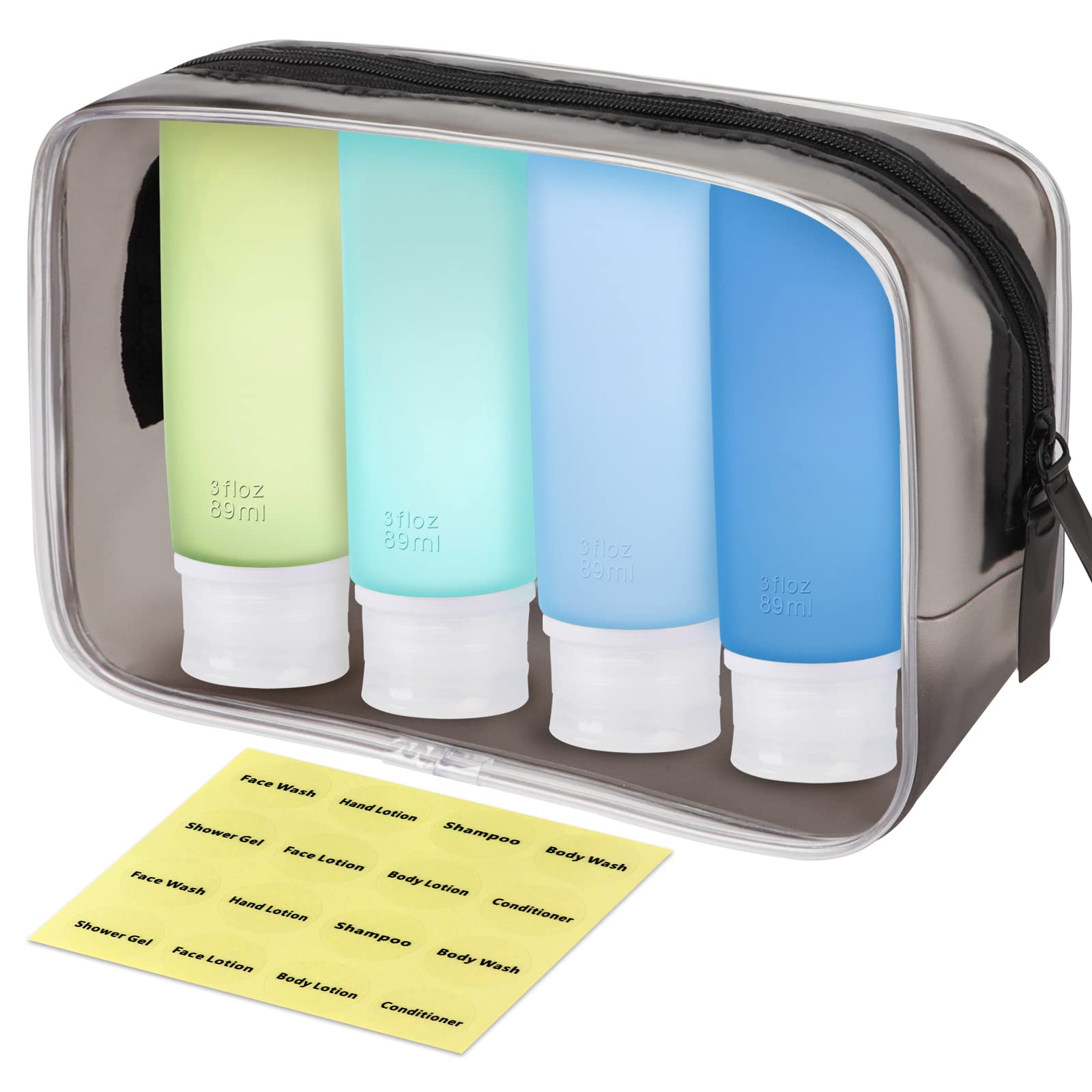 INSFIT Travel Bottles for Toiletries, 3oz Travel Containers for Toiletries Leakproof BPA Free TSA Approved Squeezable Silicone Tubes Travel Accessories with Labels Blue