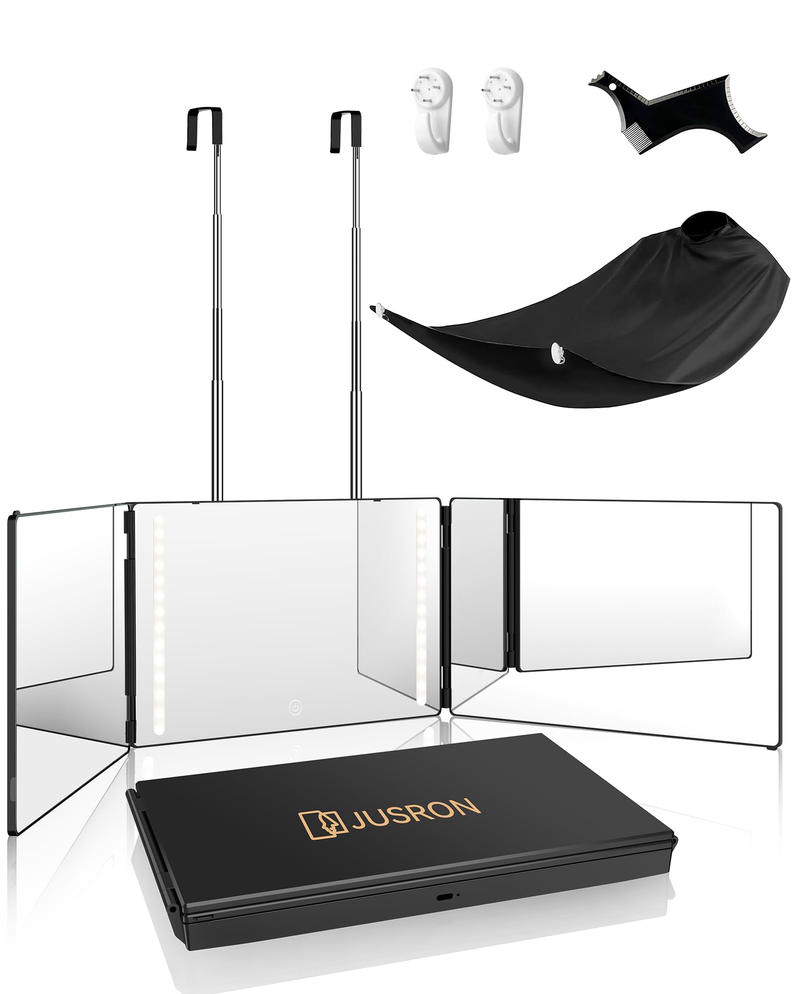 JUSRON 360 Viewing Angle Self Hair Cutting Mirror, Clear Anti-Fog HD Glass (Black with LED, with Accessories)