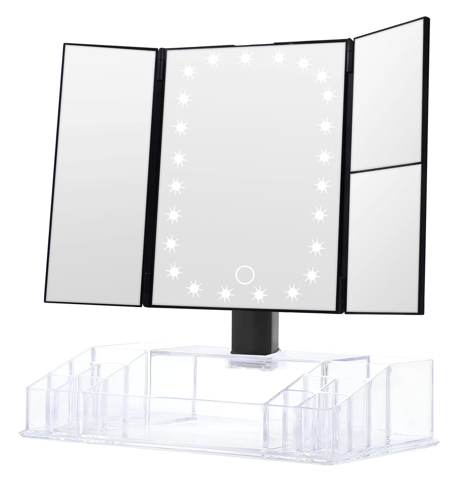 GULAURI Makeup Mirror with Lights and Storage - 3x/2x Magnification, Tri-Fold Cosmetic Vanity Mirror with 24 Led Light, Touch Screen, 180 Degree Adjustable Rotation,Black