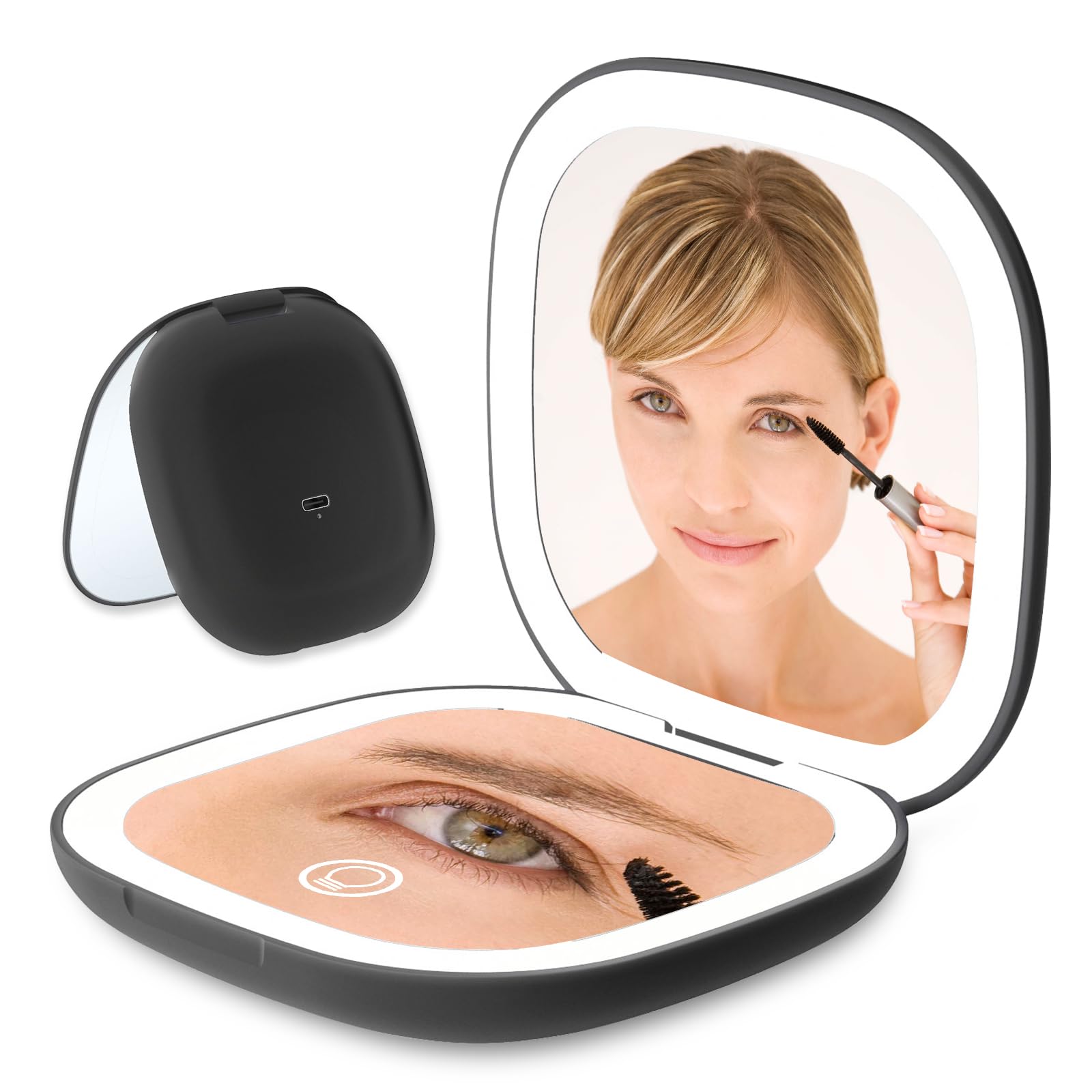 HSDJLXZ Compact Travel Makeup Mirror with LED Light Up Rechargeable 1X/10X Magnifying Pocket Beauty Mirror, 3 Colors Lighting, Dimmable Small Handheld Folding Portable for Handbag Pocket