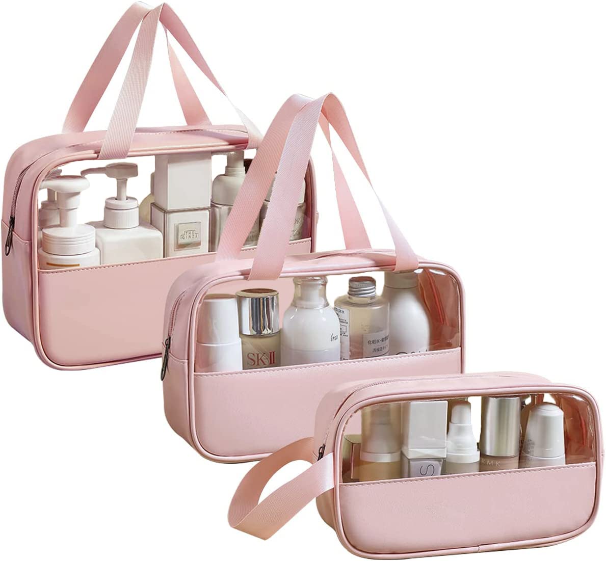 weallbuy 3 Pcs Clear Cosmetics Bag, Waterproof Travel Patchwork Makeup Bag, Toiletries Bag with Carrying Handle, Organize Cosmetics and Toiletries (Pink)
