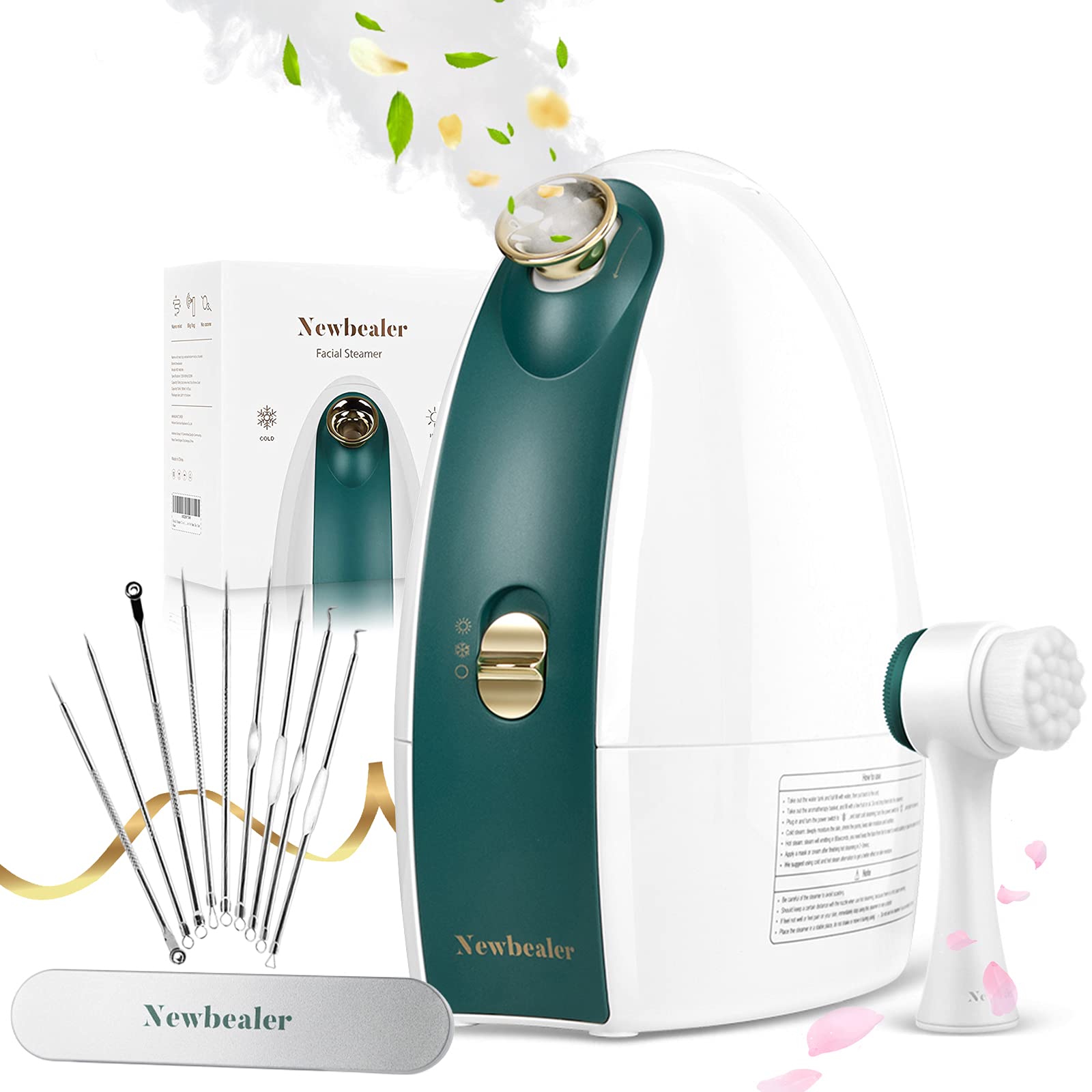 Newbealer Facial Steamer, 3in1 Aromatherapy Face Humidifier, 20 Min Hot & 60 Min Cold Nano Ionic Steam, 180ml Sinuses Moisturizing Cleansing Pores, Bonus 9-Piece Blackhead Remover Kit and Face Brush