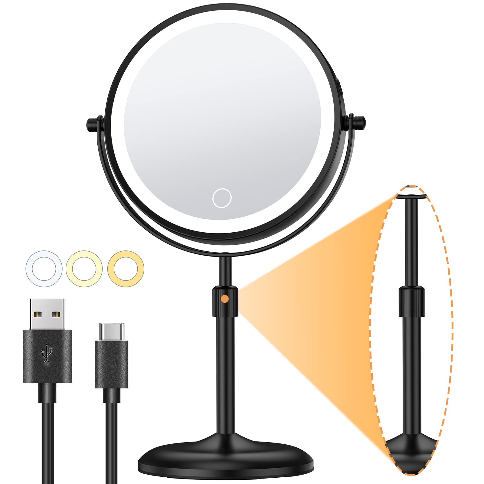 Gospire Lighted Makeup Mirror with Magnification 10X, 3 Color Dimmable Lights & Height Adjustable 7" Cosmetic Mirror, 360° Swivel Double Sided Rechargeable LED Vanity Mirror Cordless Standing Mirror