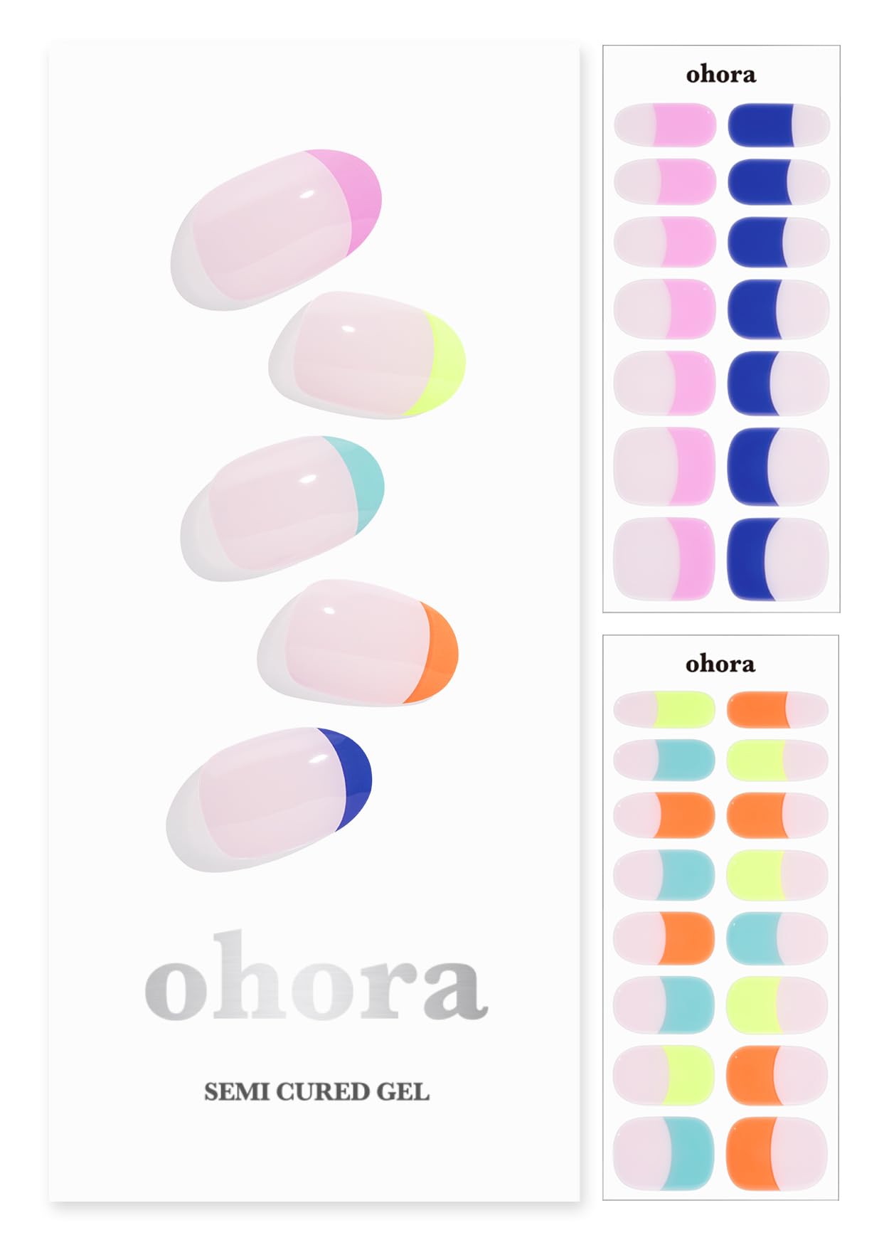 ohora Semi Cured Gel Nail Strips (N Rainbow French) - Extended Size Range, Works with Any Nail Lamps, Salon-Quality, Long Lasting, Easy to Apply&Remove - Includes 2Prep Pads, Nail File&Wooden Stick