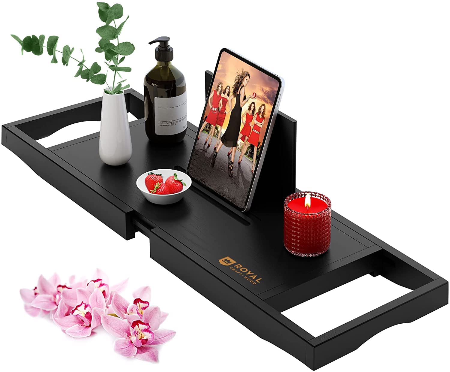ROYAL CRAFT WOOD Bathroom Caddy Organizer & Bathtub Tray Product Holder - Bathroom Storage (Black Bamboo)