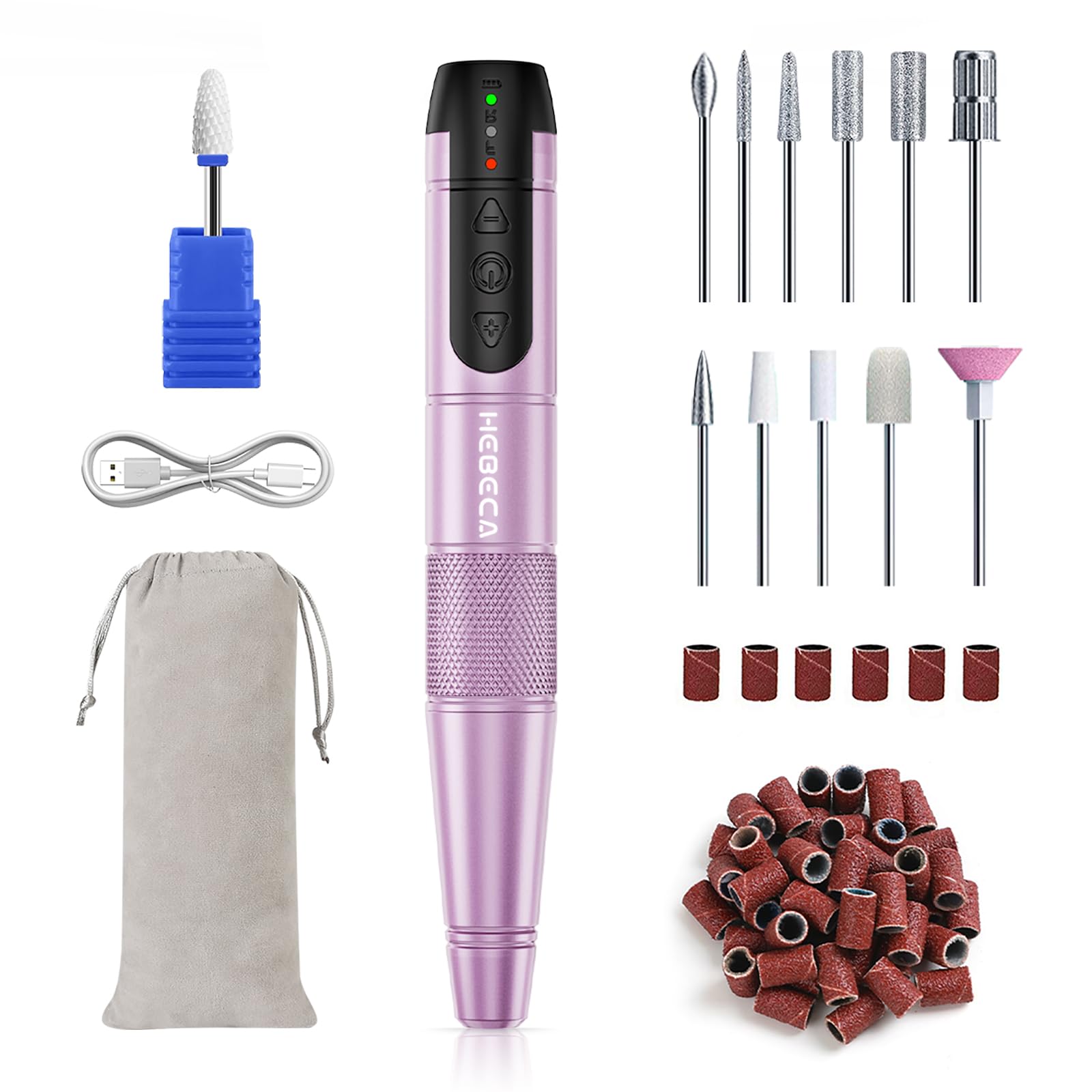 HEBECA Electric Nail Drill Cordless, 12 in 1 Professional Nail File Buffer Drill Machine for Natural Acrylic Gel Nails, Rechargeable Manicure Pedicure Kit Great for Home Use Beginners