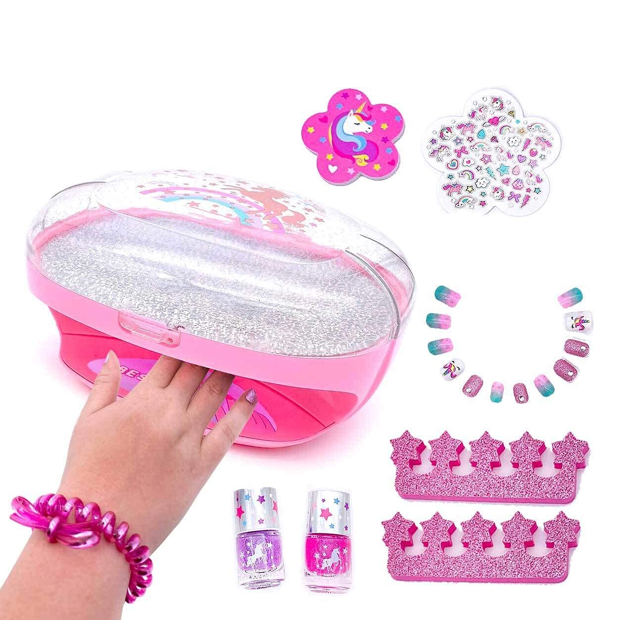 Kids Nail Polish Set for Girls with Dryer - Unicorn Manicure Kit with Scented Press-On Nails Stickers Art Non-Toxic Safe Glitter Peel off Nail Polishes File for Little Girls Tweens
