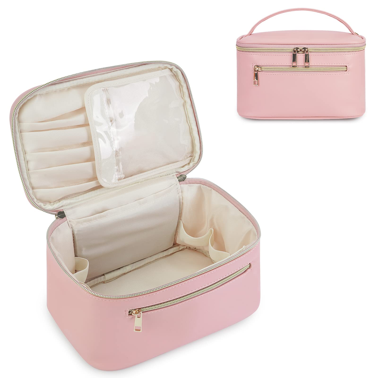 Wandering Nature Makeup Bag, Travel Make Up Organizer Cosmetic Brush Bags Case for Women in Eco Vegan Leather, Pink(Patent Pending)