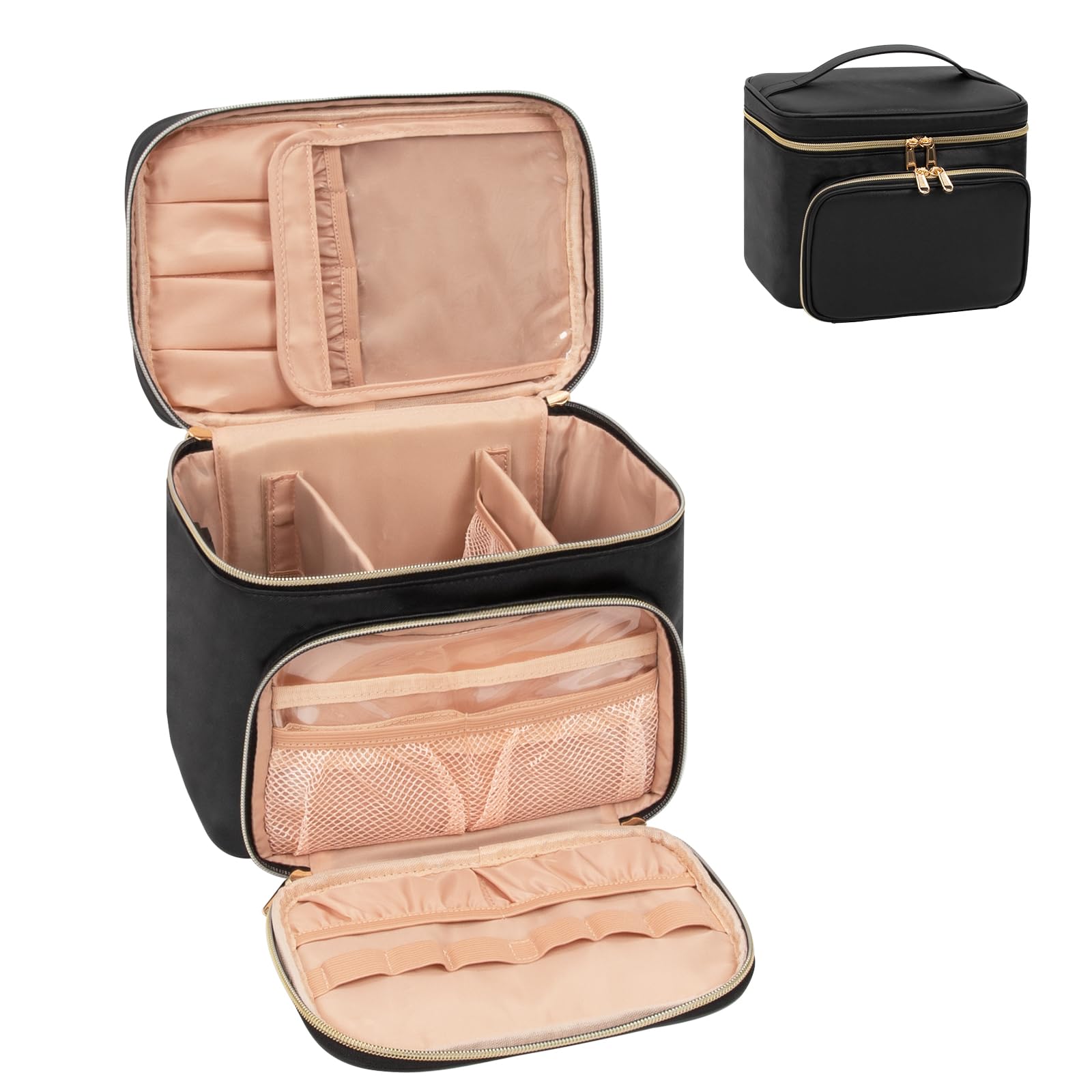 Large Makeup Bag, Portable Travel Makeup Bag for Women Girls with Makeup Brush Compartment, Stylish Makeup Bag Organizer Cosmetic Case With Handle and Divider - Black