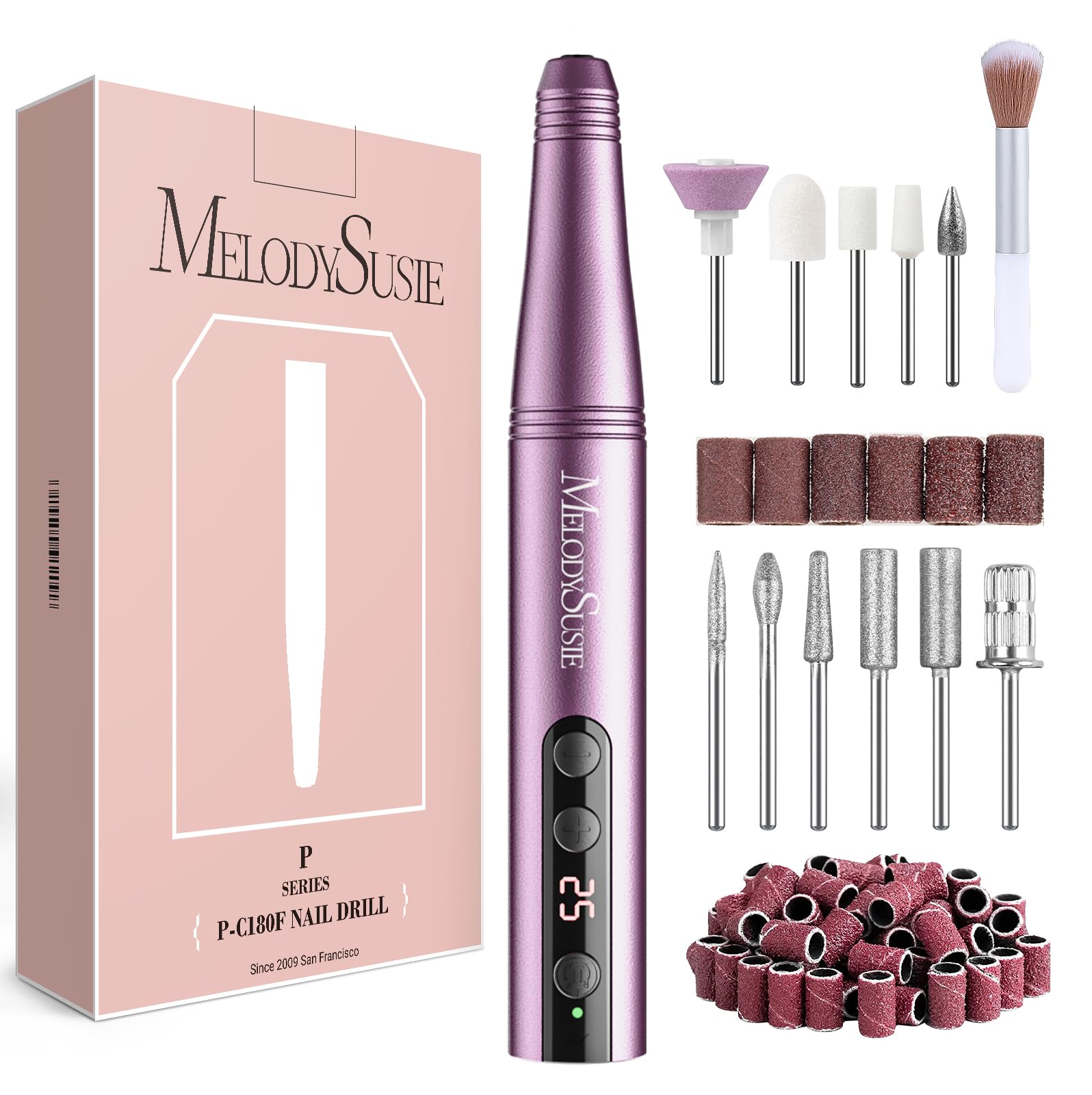 MelodySusie Cordless Electric Nail Drill Machine 11 in 1 Kit, 25000RPM Portable Rechargeable Nail Efile Set for Acrylic Gel Dip Powder Nails, 25 Speeds Manicure Pedicure Polishing Shape Tools