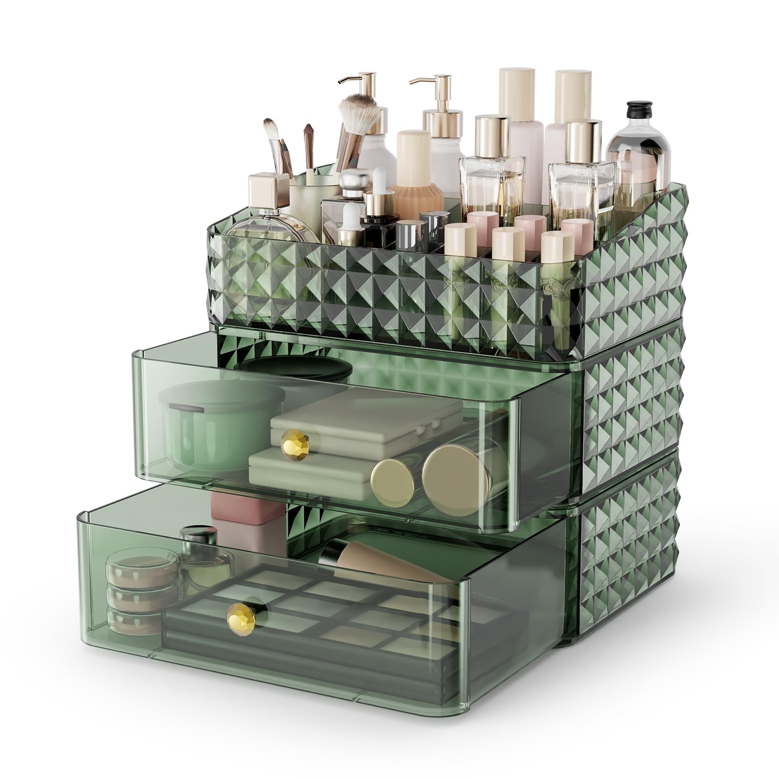 Rosoenvi Makeup Organizer for Vanity, Stackable Cosmetics Organizer and Storage, Cosmetic Display Cases with 2 Drawers and 1 Tray for Makeup Brush, Hair Accessories, Lipstick and Jewelry, Green