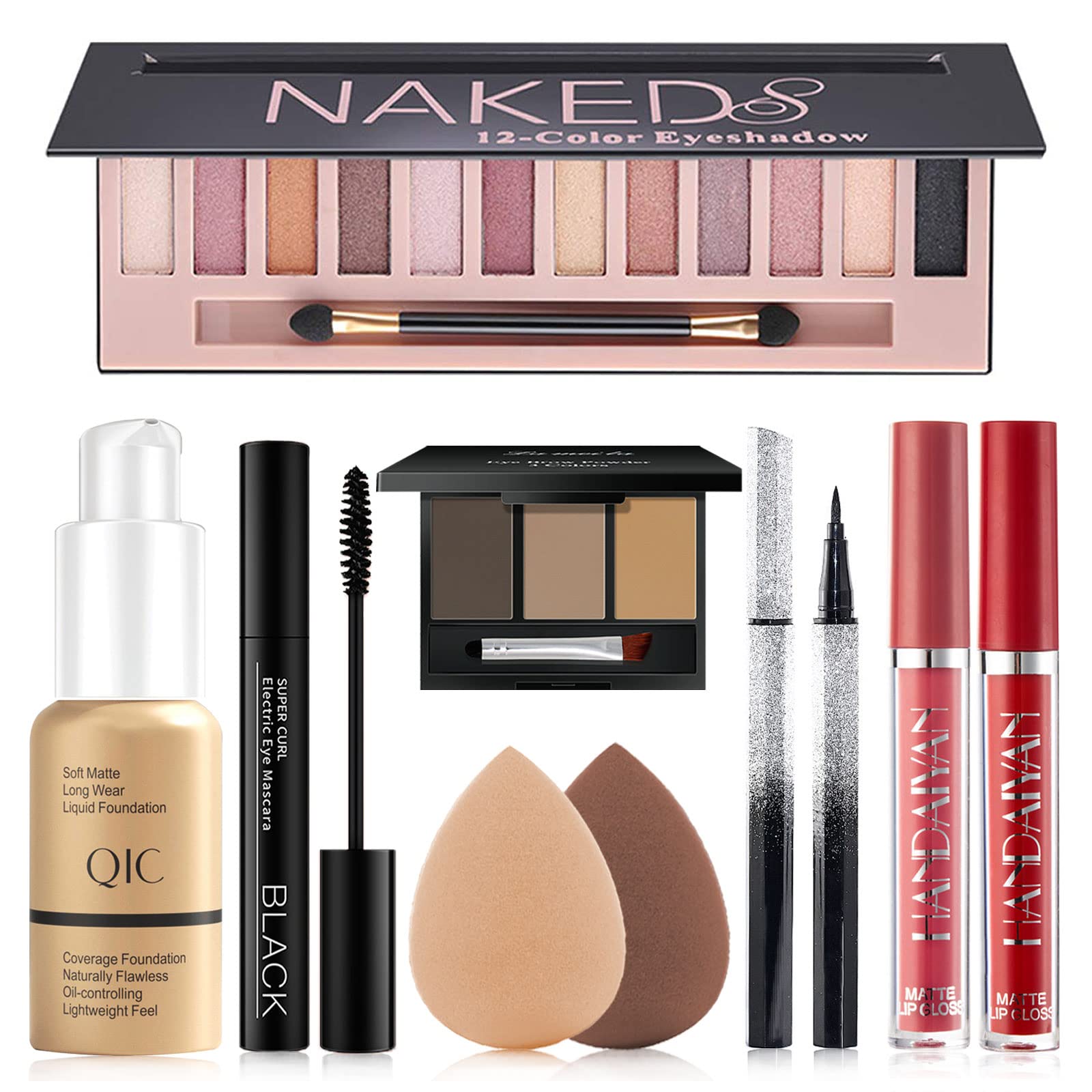 Makeup Kit for Women Full Kit, All in One Makeup Set Includes 12 Colors Naked Eyeshadow, Nude Foundation, Eyeliner & Mascara, Eyebrow Powder, 2Pcs Lipstick and 2Pcs Sponge, Gift Set for Women Teens